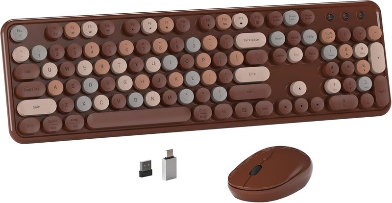 MPTOG Colorful Wireless Computer Keyboard and Mouse Combo with Round Typewriter Keycaps, Retro Design, Power Switch, Ergonomic Design, 2.4GHz Wireless for Windows, Mac, PC(Coffee-Colorful) - Image 1